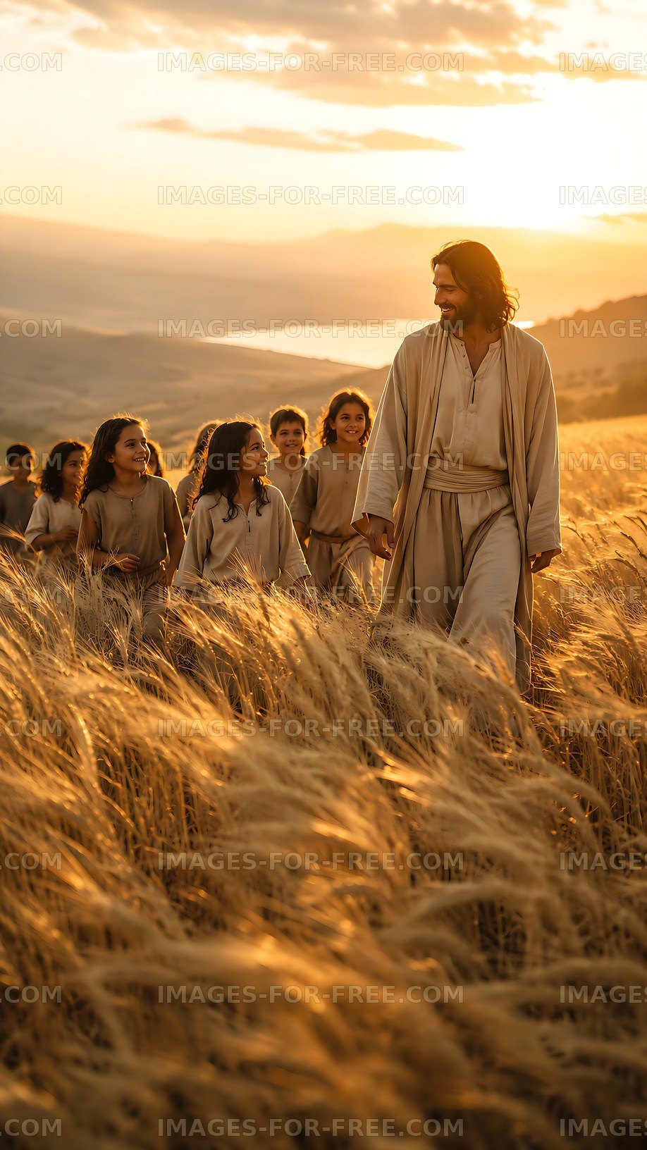 Walking through golden fields at sunset with children