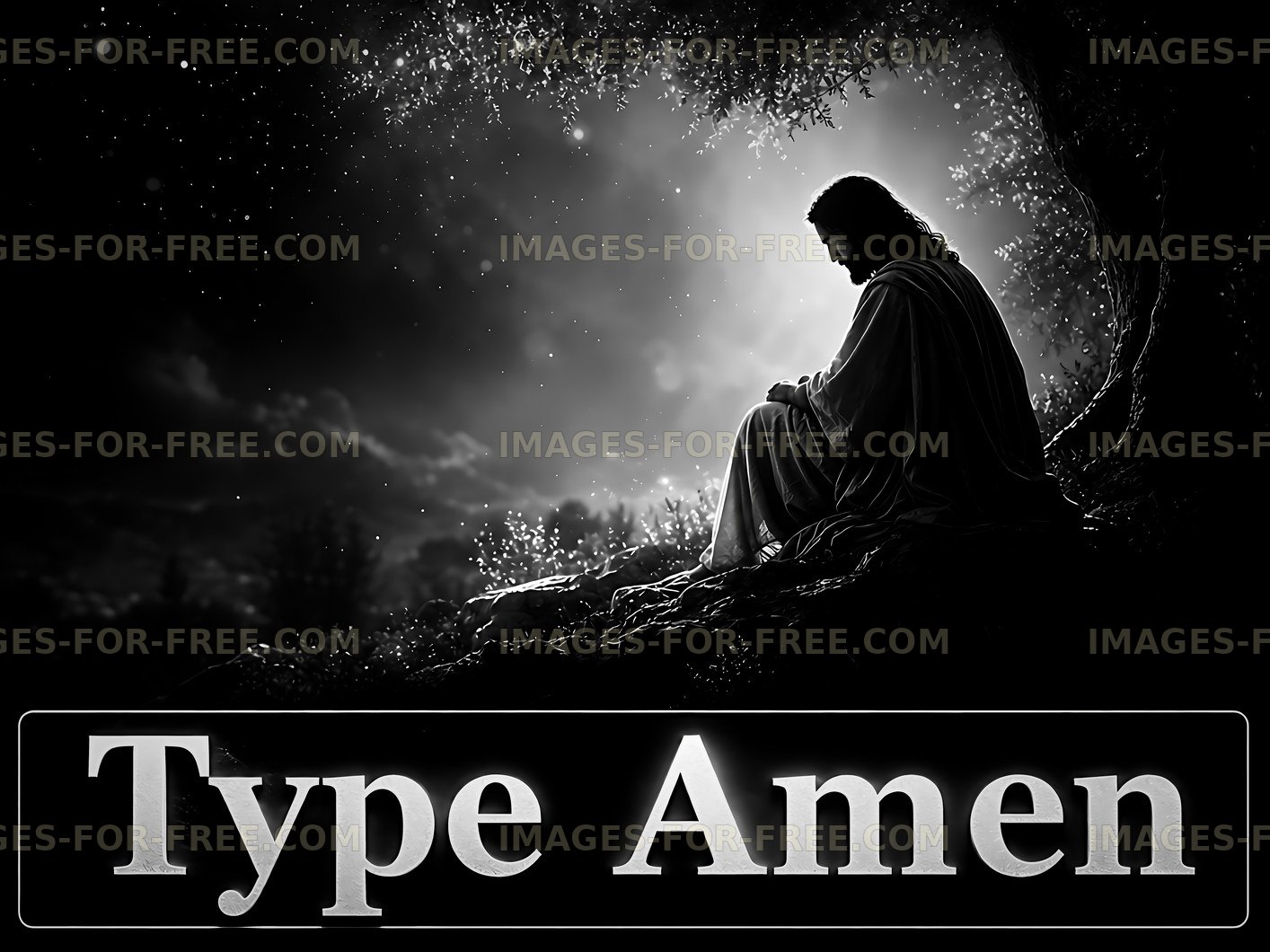 Silhouette of a man in contemplation under a tree at night