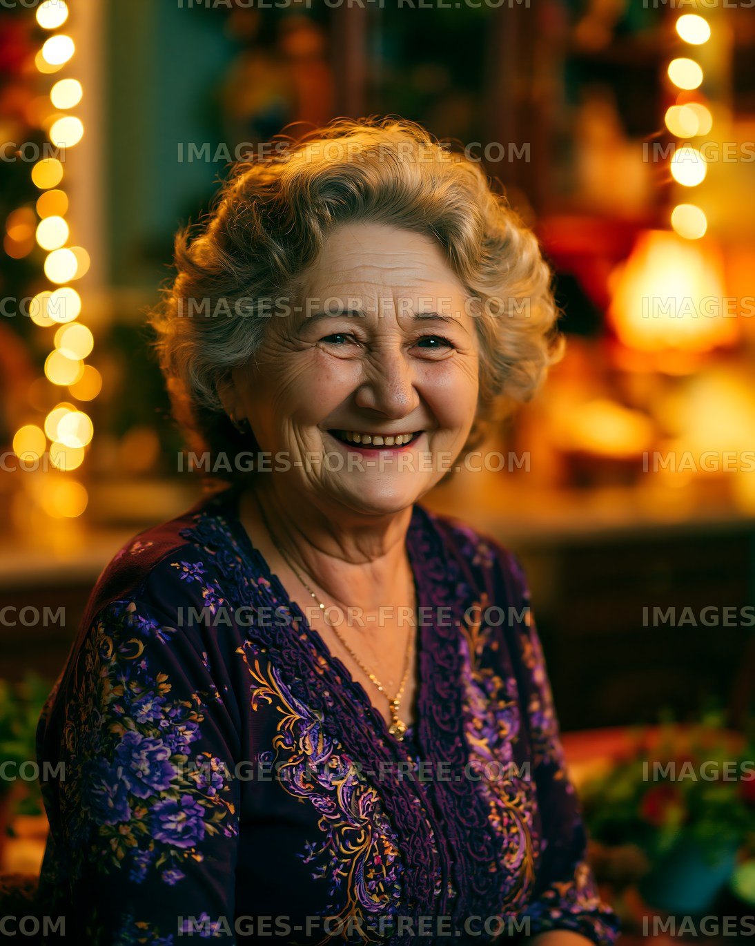 Smiling woman in traditional clothing with warm festive lights