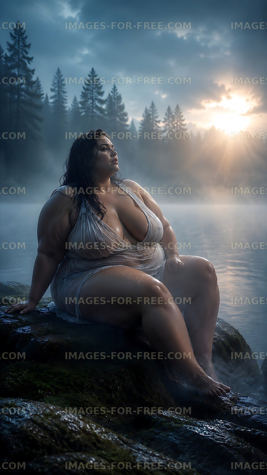 Woman sitting on rock by misty lake at sunrise