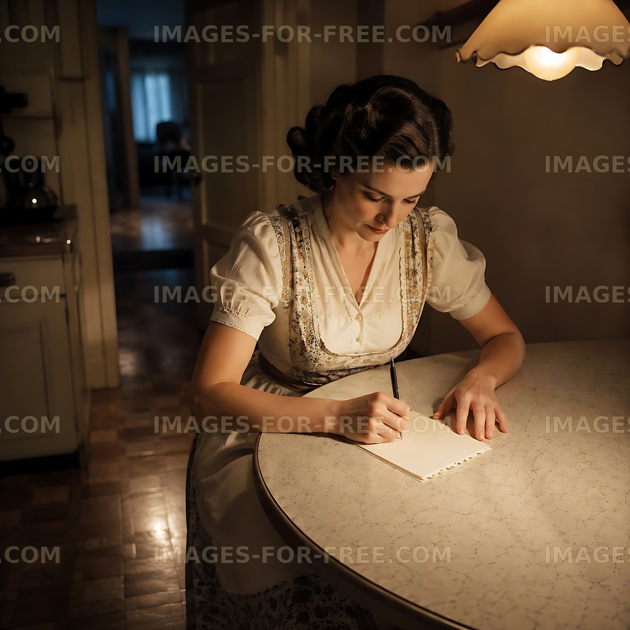 Woman writing at a kitchen table in a vintage setting