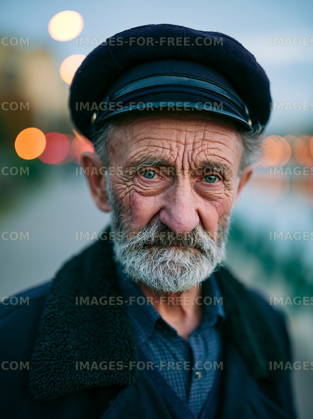 Elderly man with a beard and cap standing near waterfront