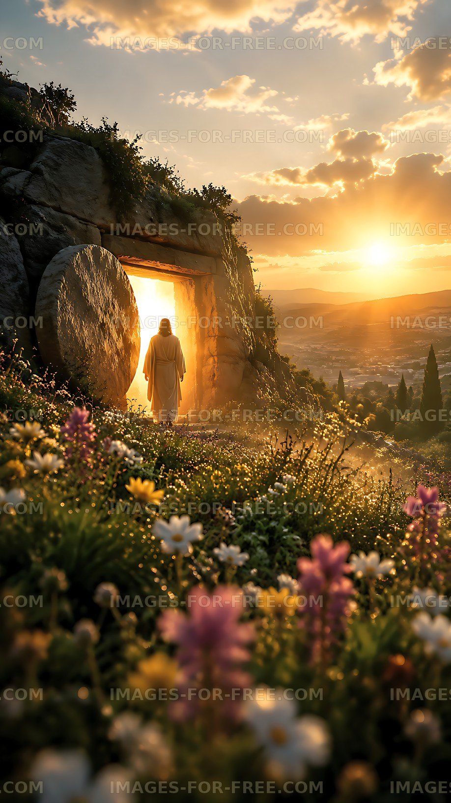 Resurrection scene at sunrise with flowers in the foreground