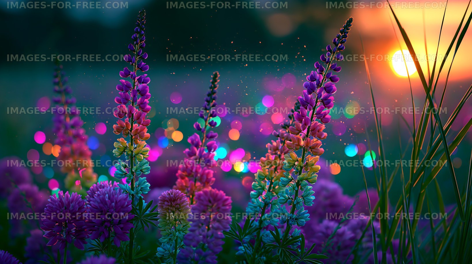 Colorful flowers in a field during sunset