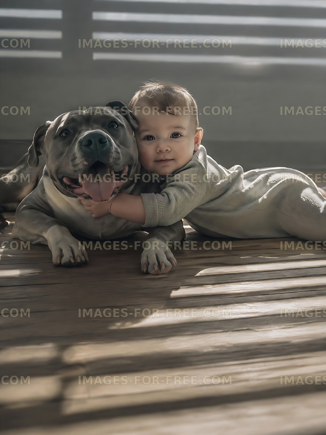 Baby hugs dog on wooden floor in sunlit room