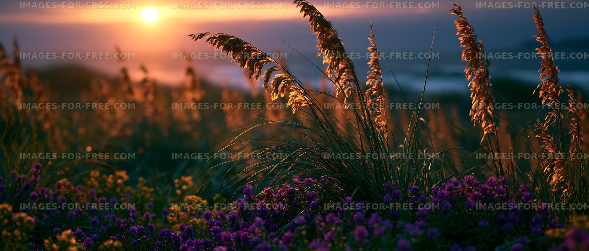 Sunset over wildflowers and grasses in a natural landscape