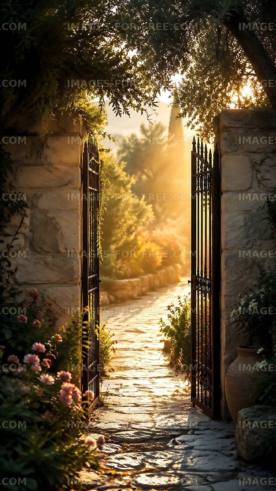 Sunlight through gates in a garden path during evening