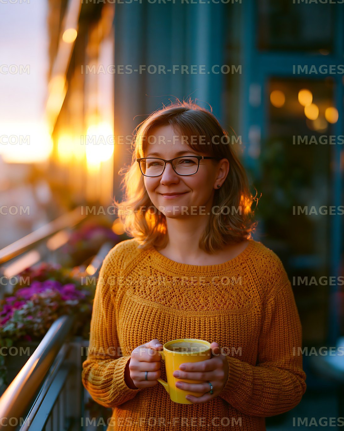 Woman holding yellow mug during sunset on balcony