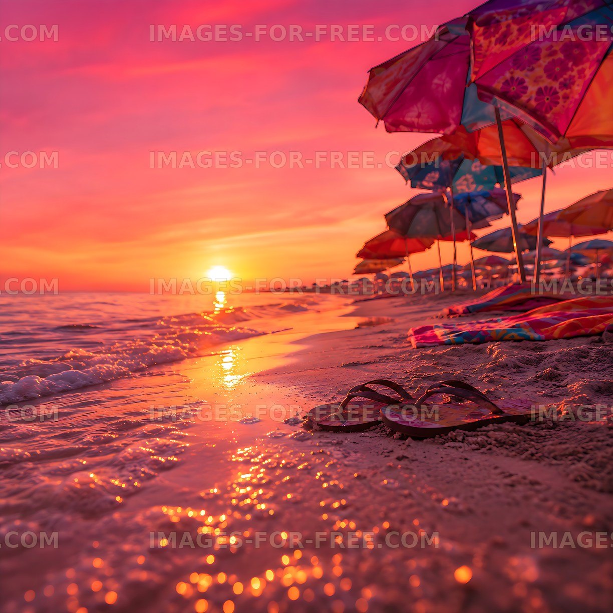 Sunset over beach with umbrellas and flip-flops on sand