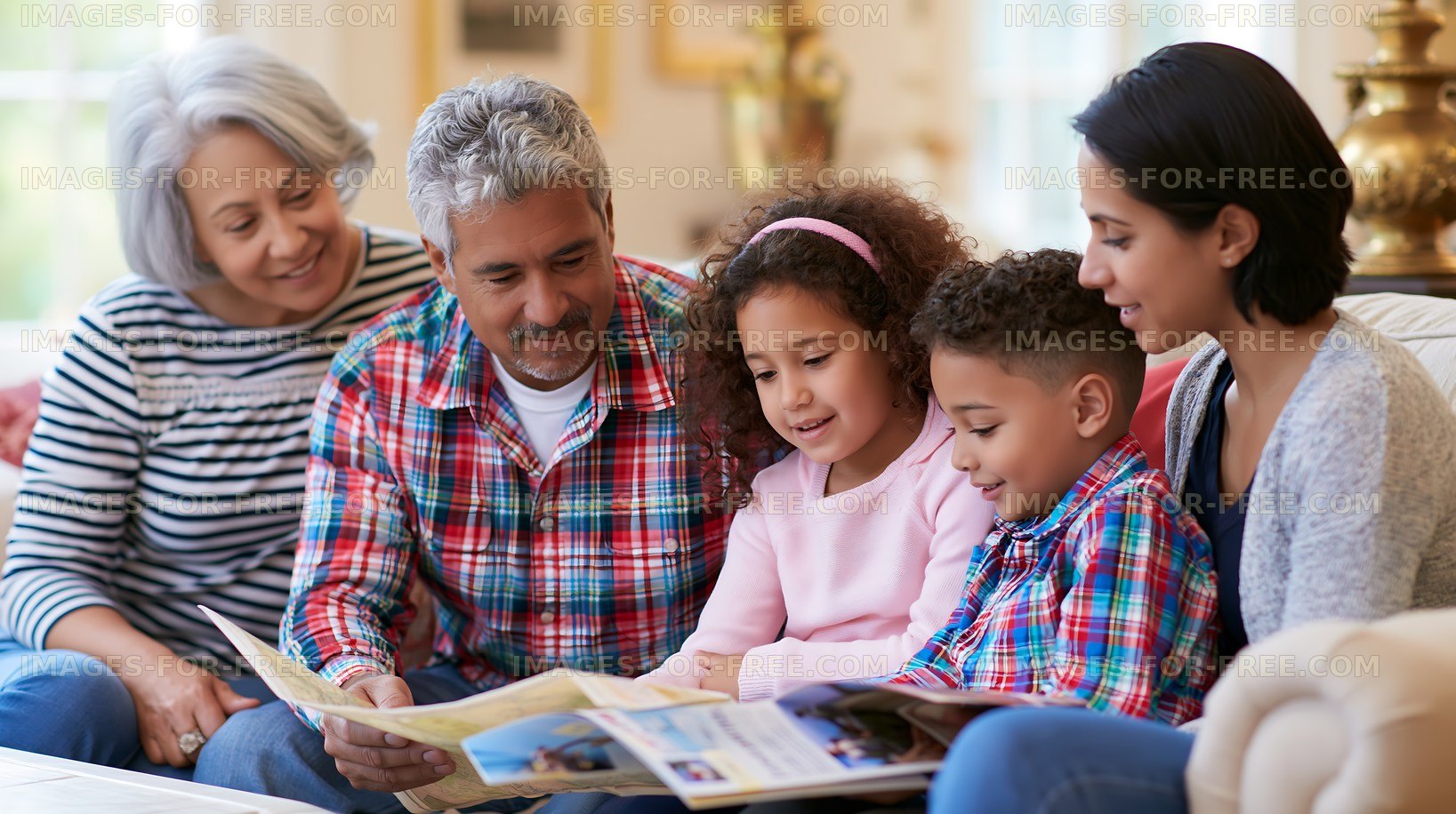 A family gathers in a well-lit living room to share stories
