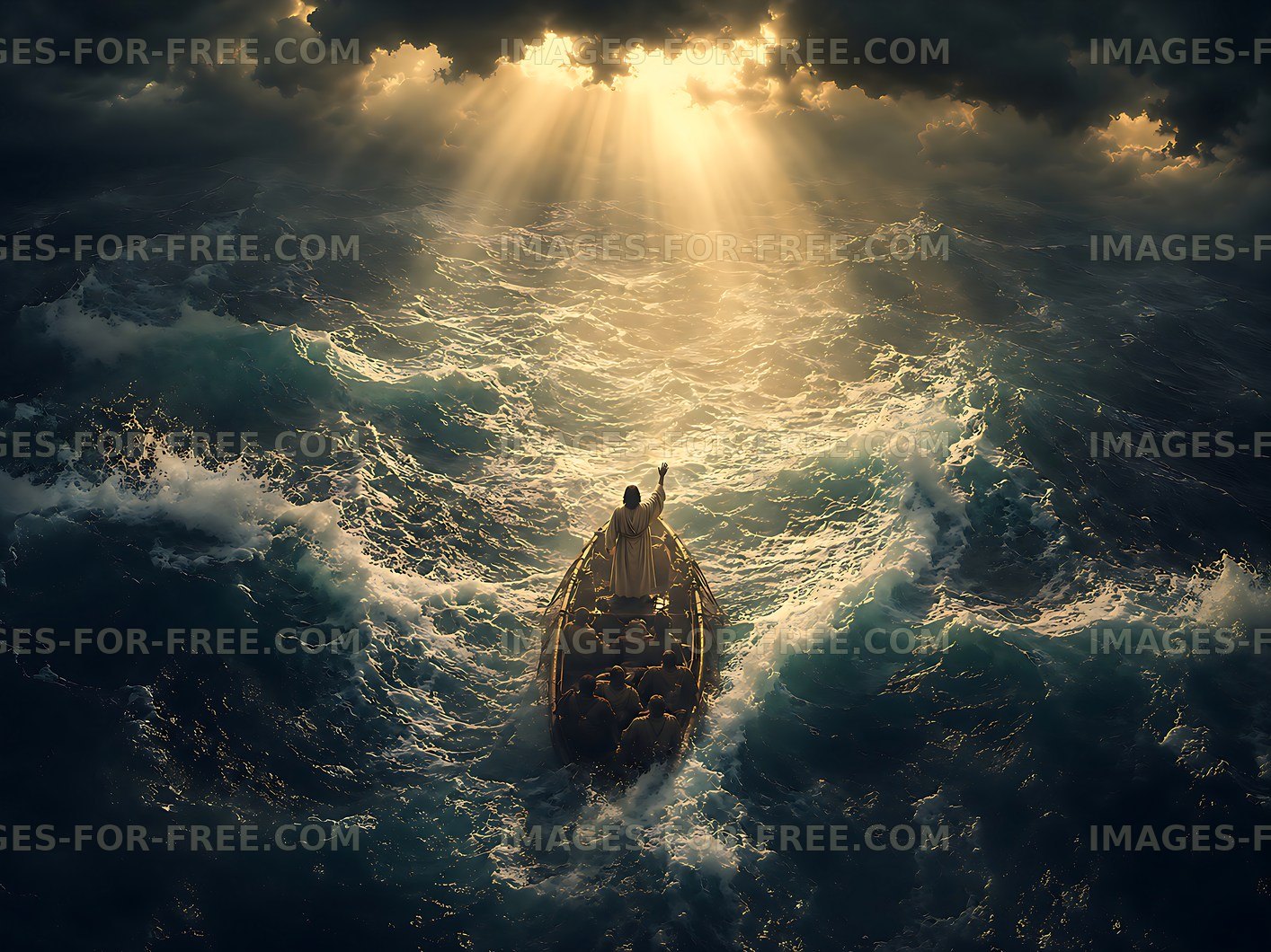 Rower on turbulent sea under rays of light