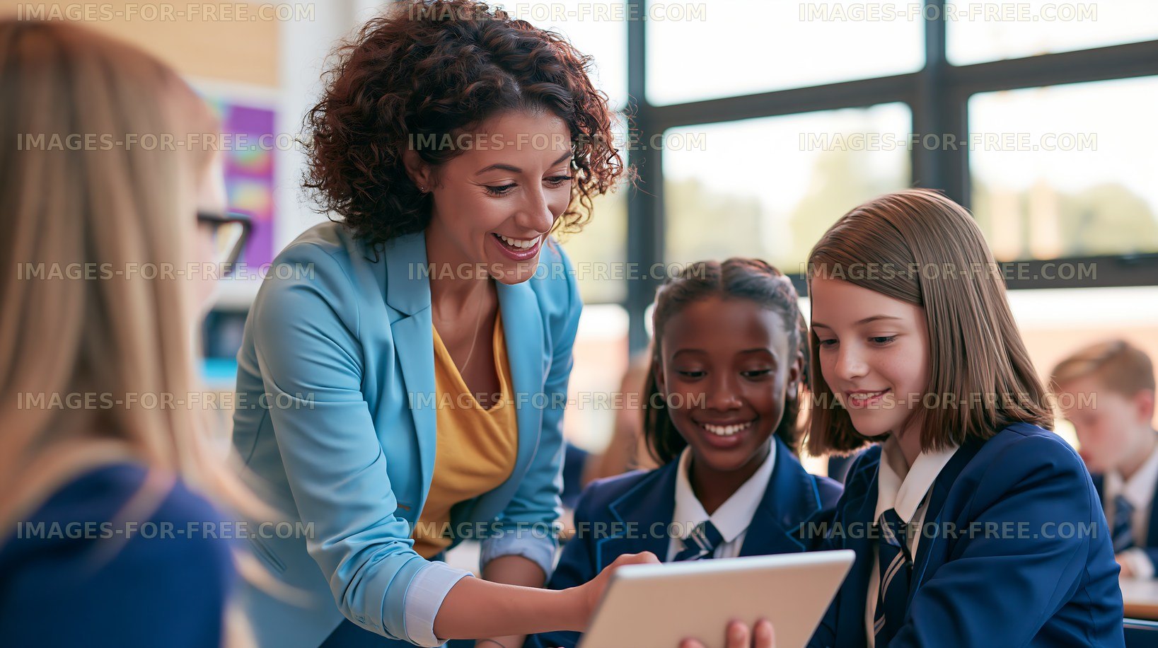 Teacher guiding students with tablet in classroom