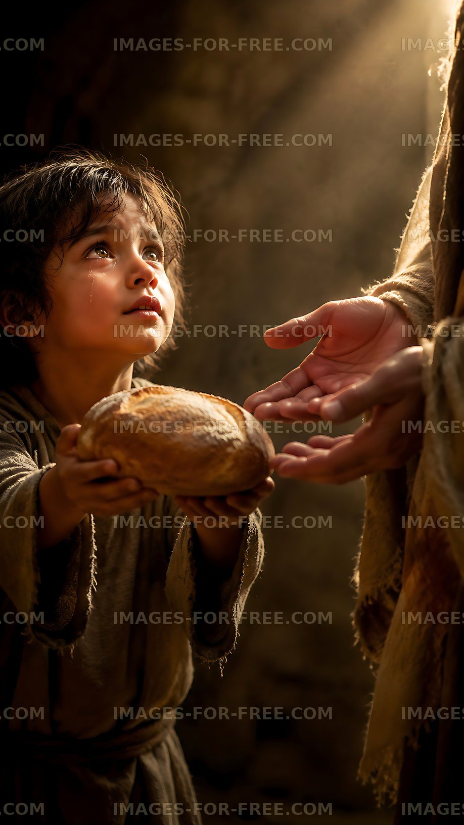 Child receiving bread from adult in dimly lit setting
