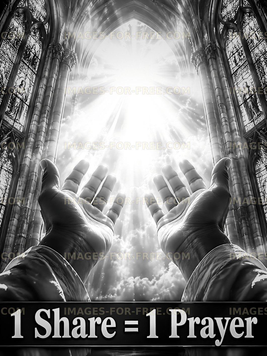 Hands reaching toward light in a stained glass setting
