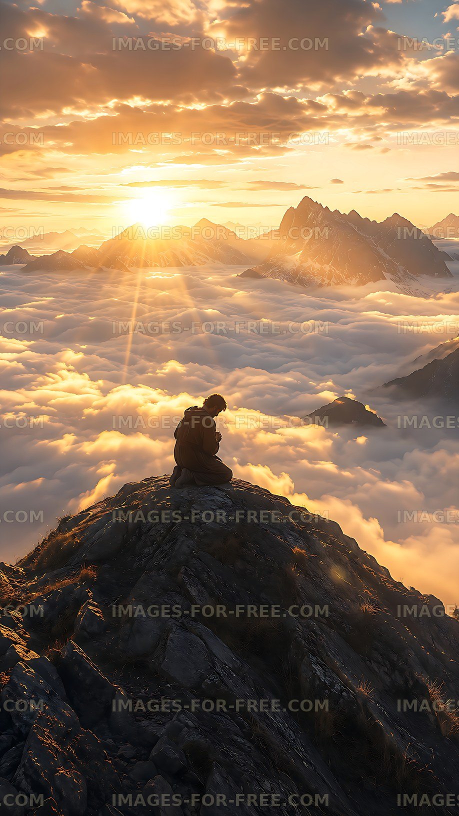 Sunrise over mountain peaks with a person on a rocky ledge