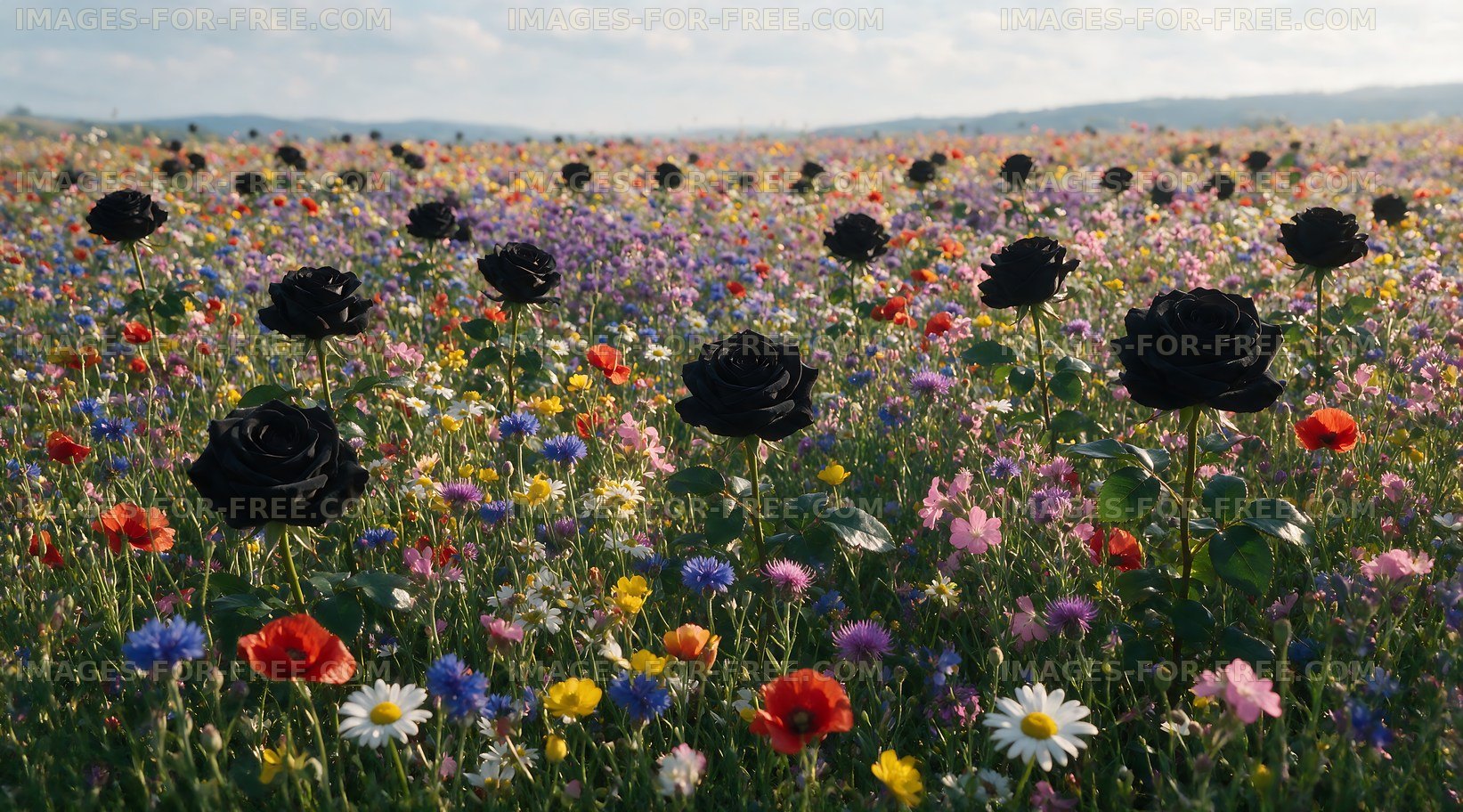 Black roses in a colorful flower field