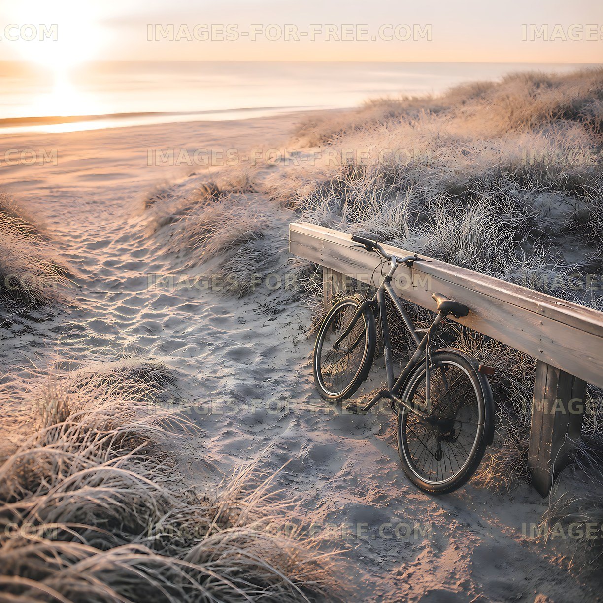Bicycle resting by sandy beach path at sunset