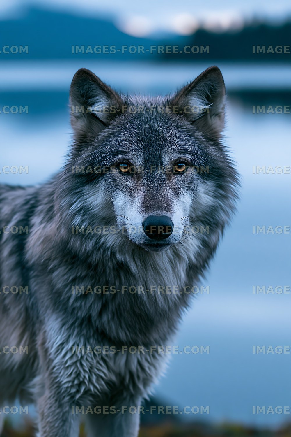 Wolf standing near a lake in a natural setting during dusk