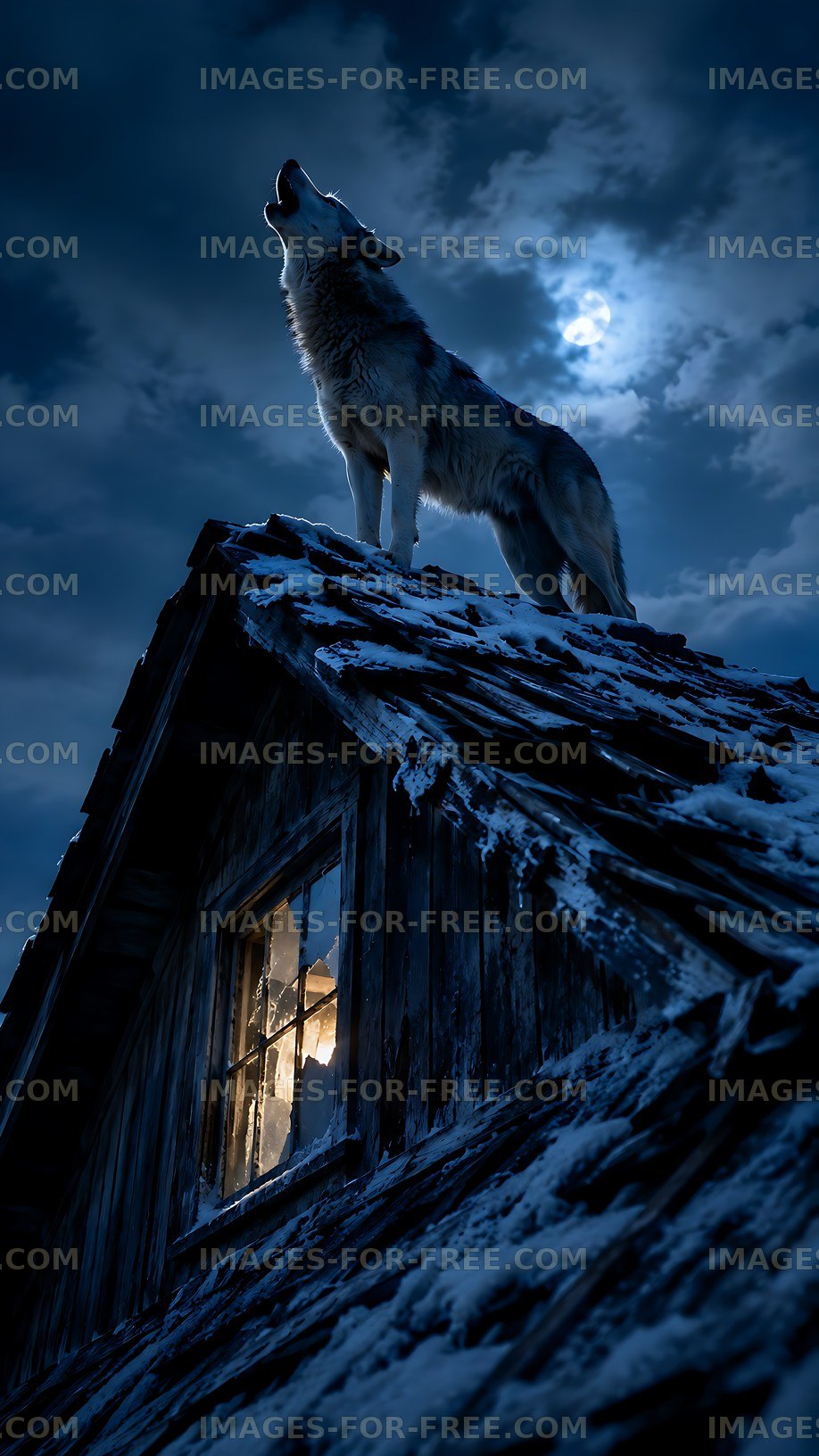 Wolf howling on snowy rooftop under moonlit sky