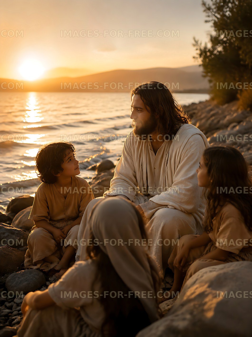 Man with children by the lakeshore during sunset