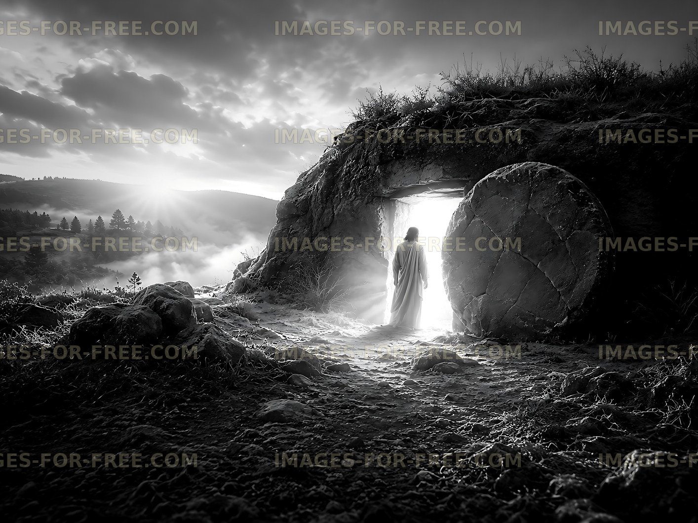 Figure emerging from a cave at dawn