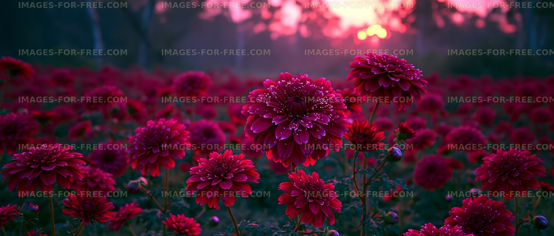 Field of red flowers at sunset