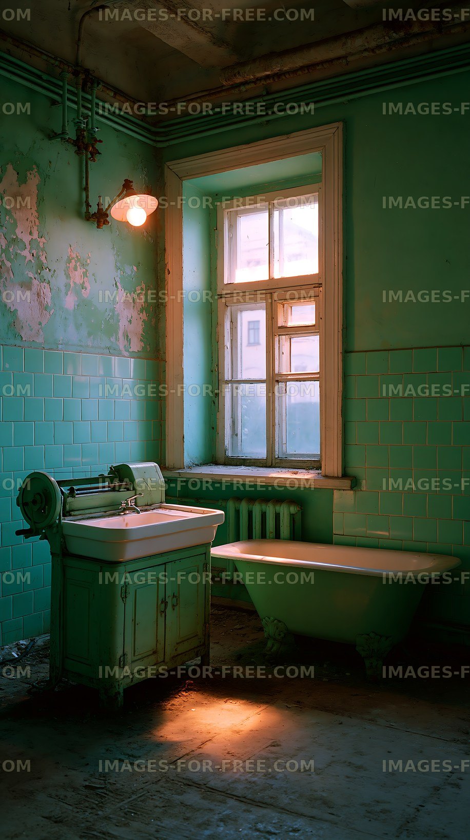 Old bathroom with vintage fixtures under soft light