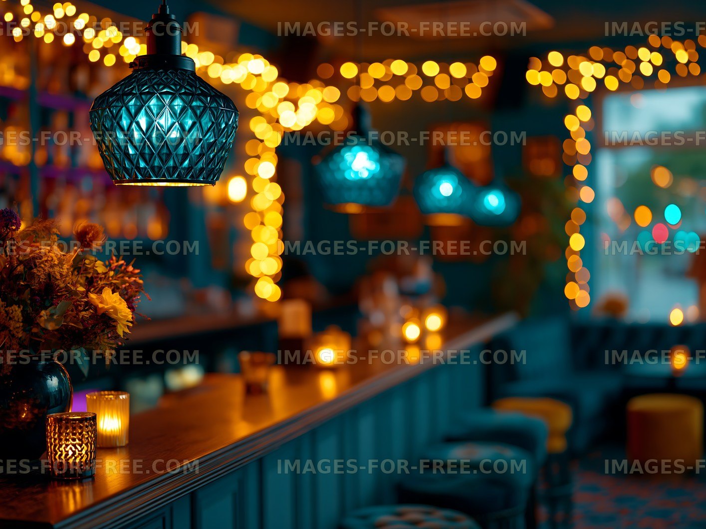 Cozy bar interior with blue lighting and warm ambiance