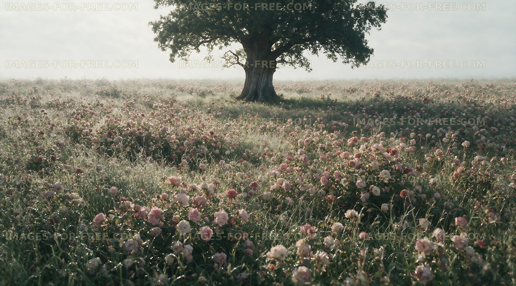 Tree surrounded by flowers in a misty landscape