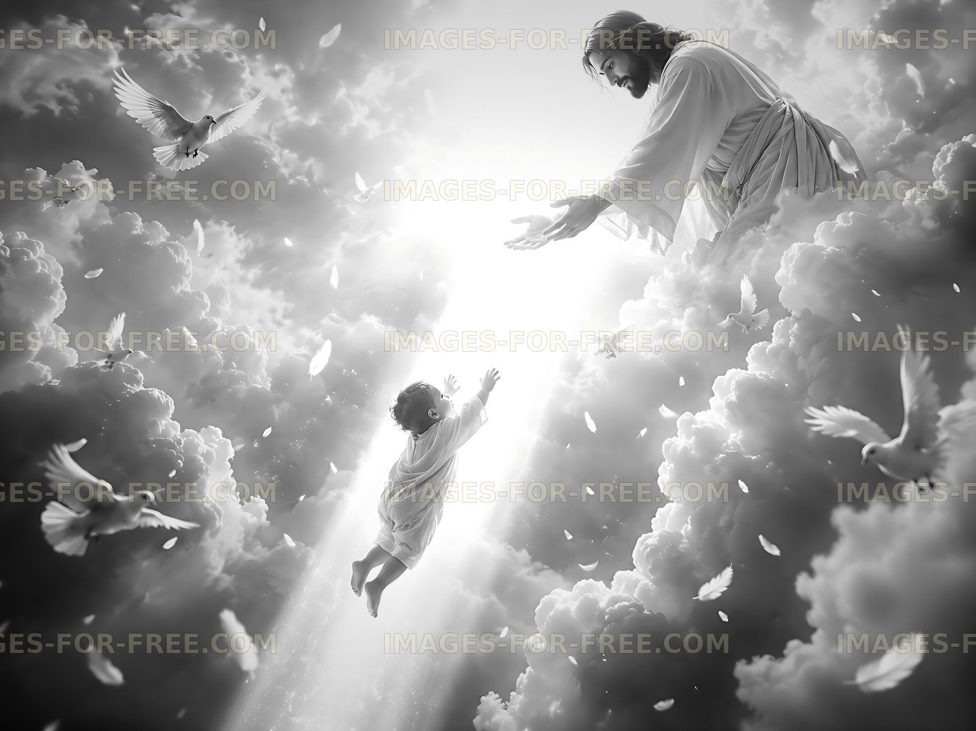 Reaching out in a heavenly scene with doves and clouds