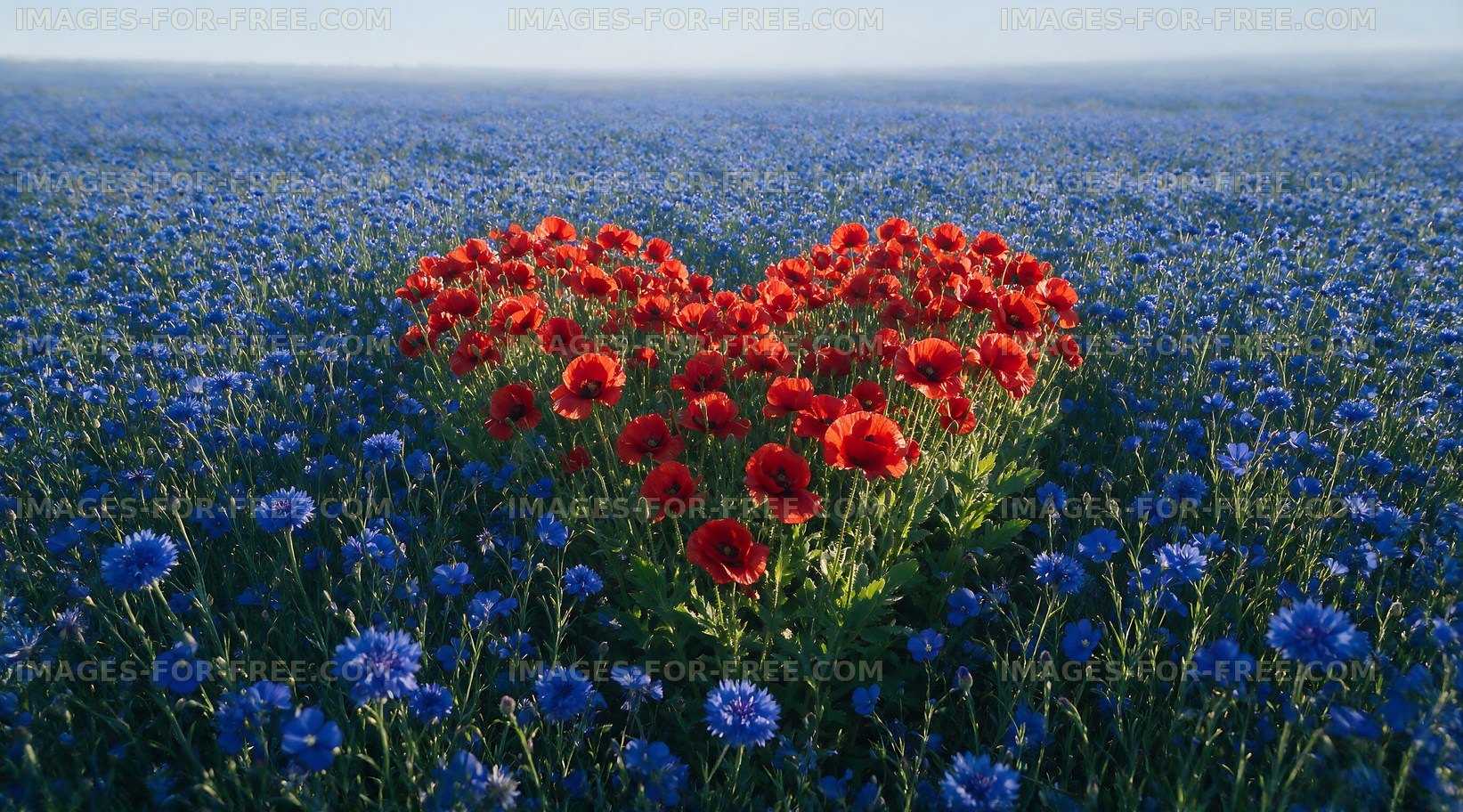 Heart-shaped flower arrangement in a blue and red field
