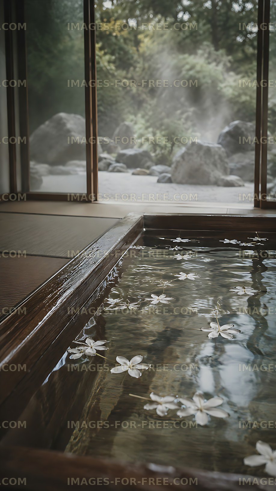 Relaxing hot spring with flowers and rocks in forest setting