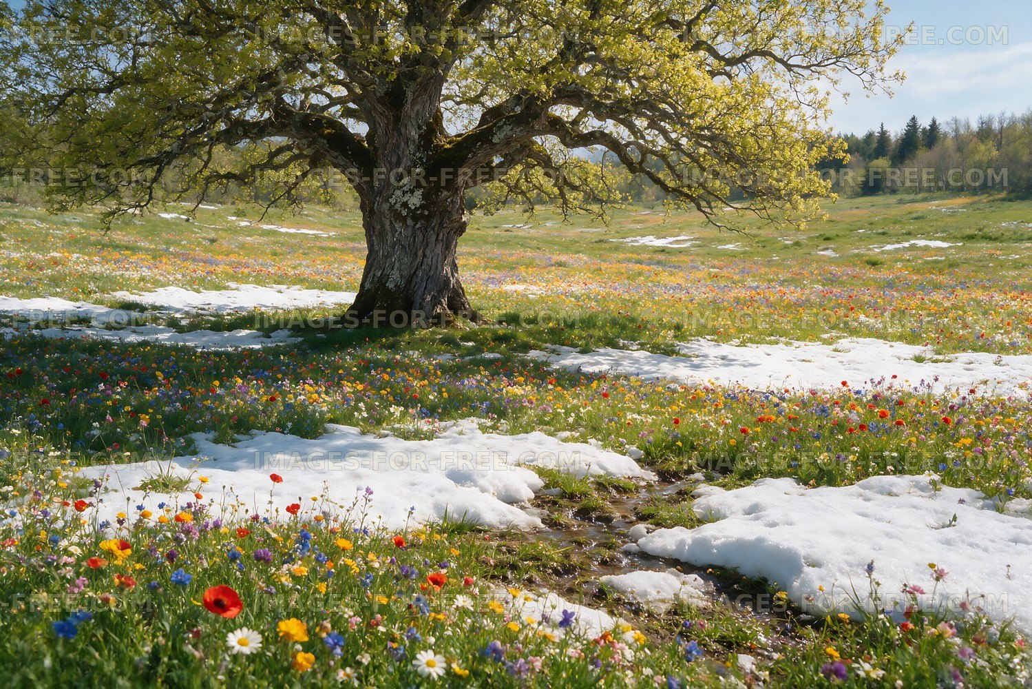 Blooming flowers and melting snow under a tree in spring