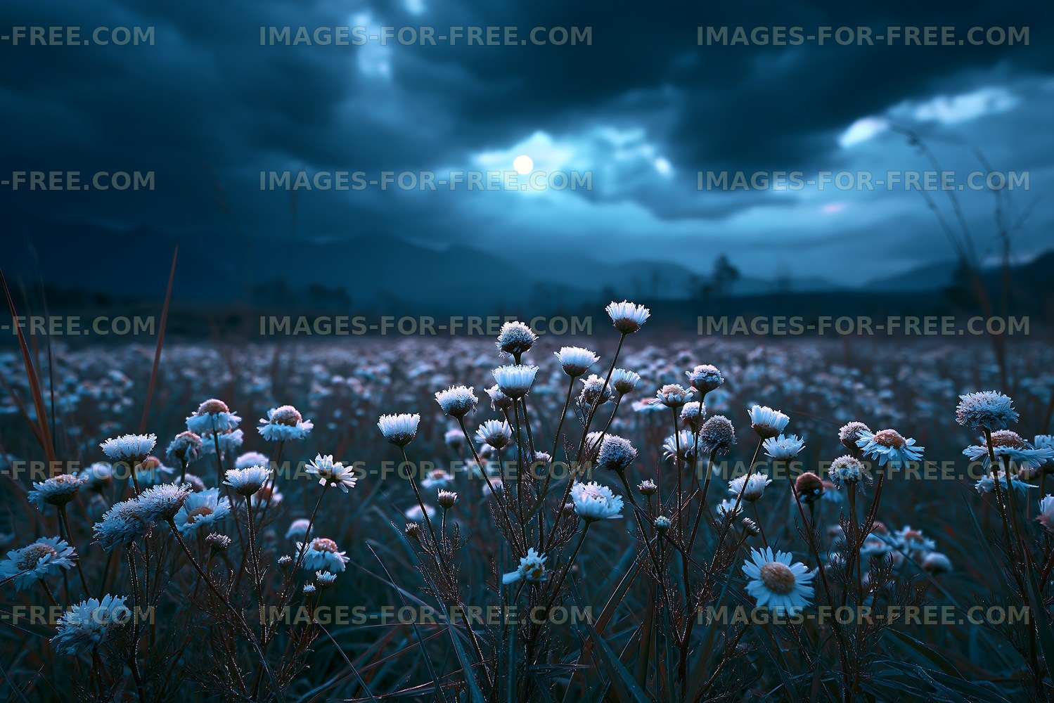 Flowers in a field under a dark sky at dusk