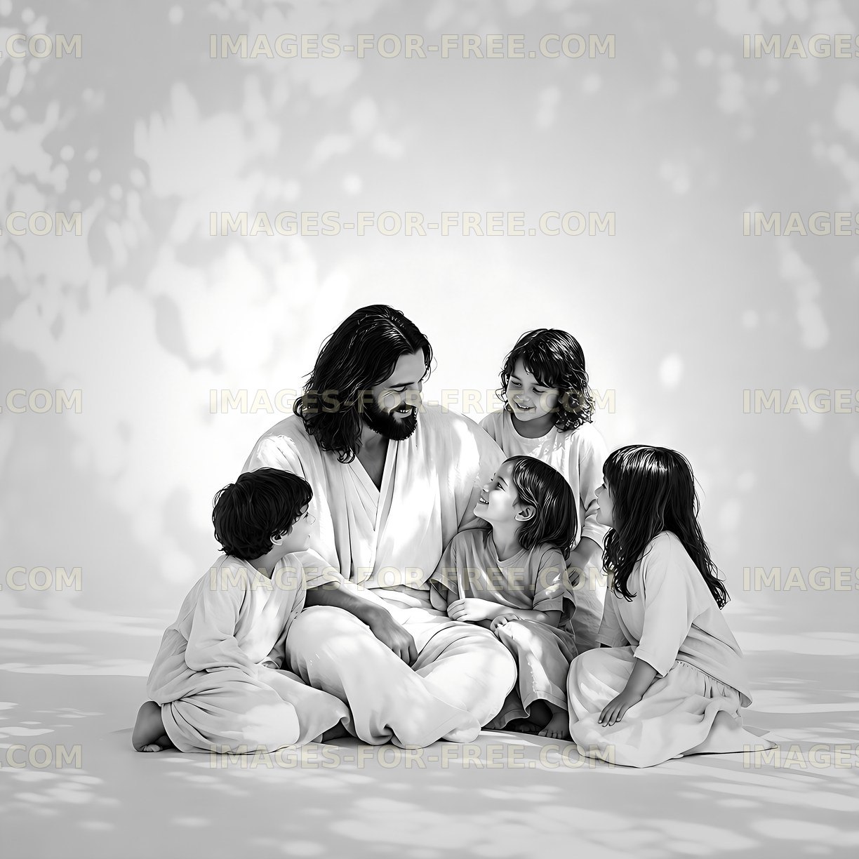 Jesus sitting with children in a warm and friendly gathering
