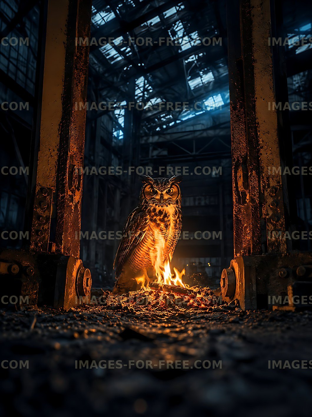 Owl perched near fire in abandoned industrial building
