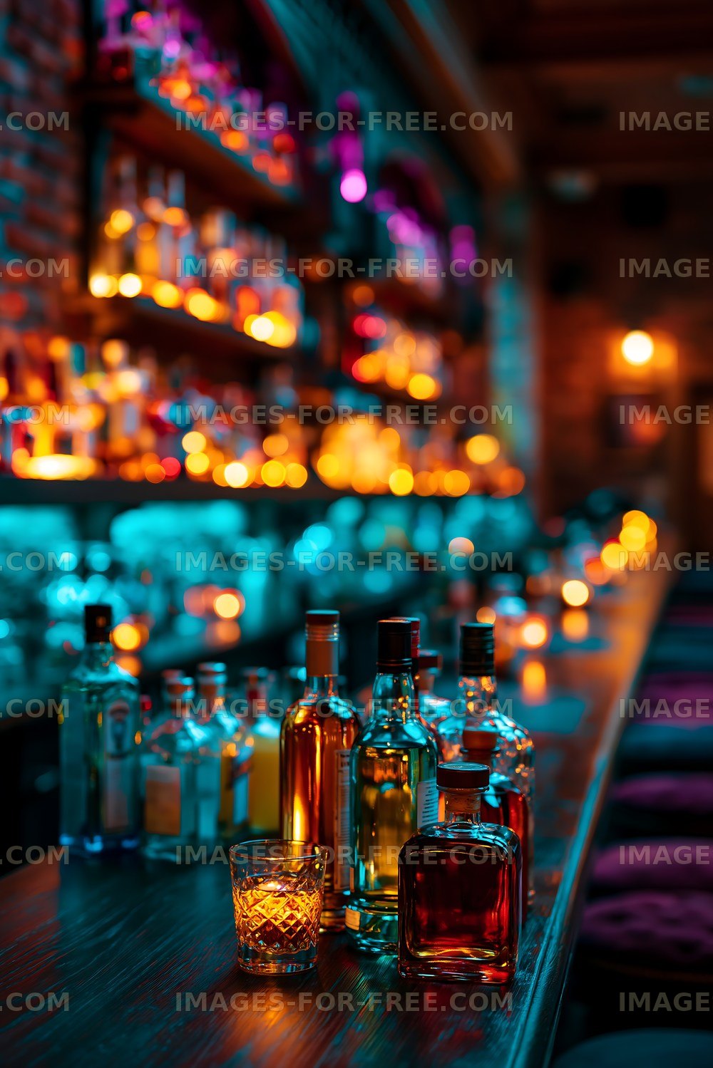 Bar scene with various bottles of liquor and glowing lights