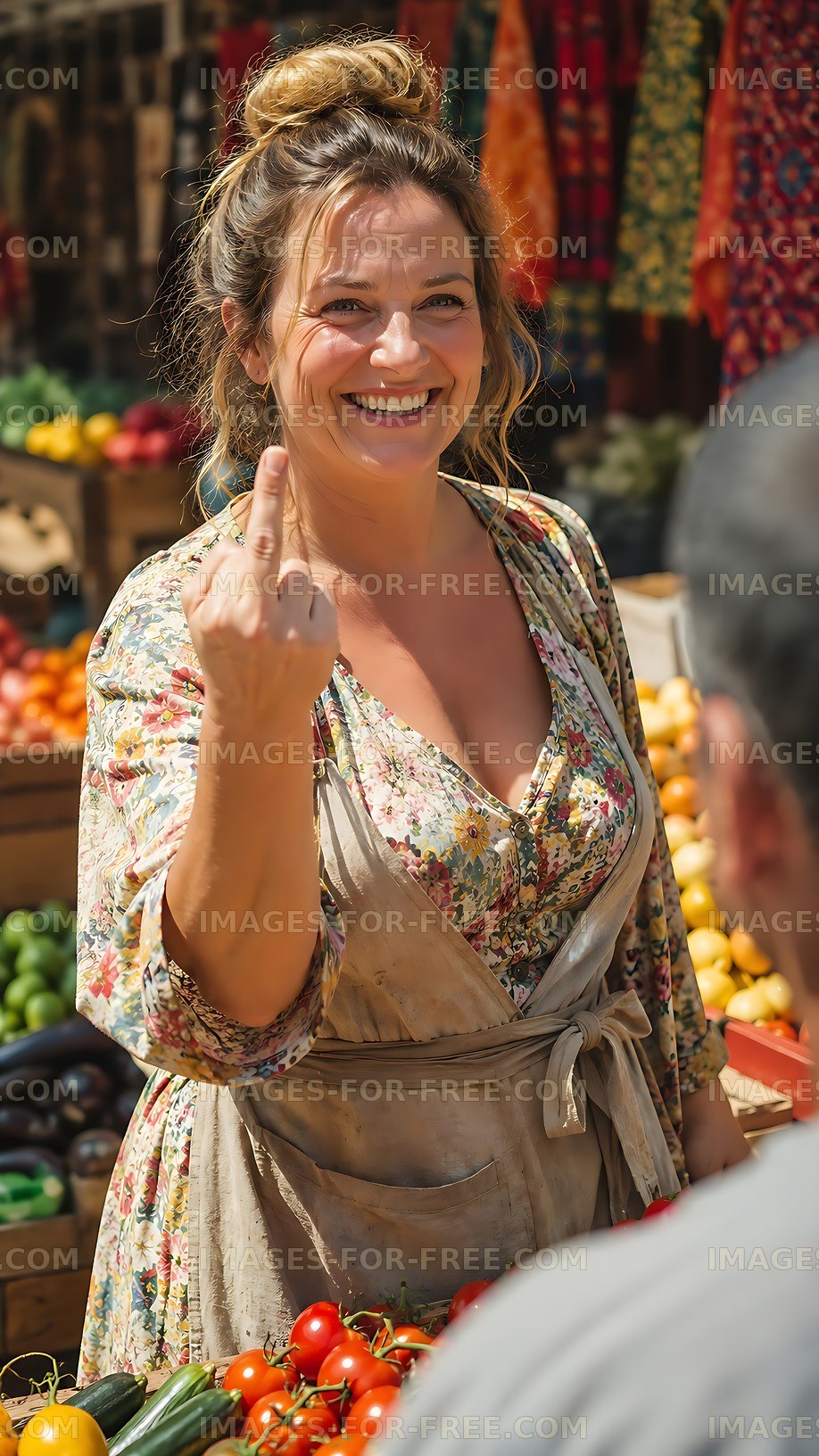 Woman showing gesture at market stall
