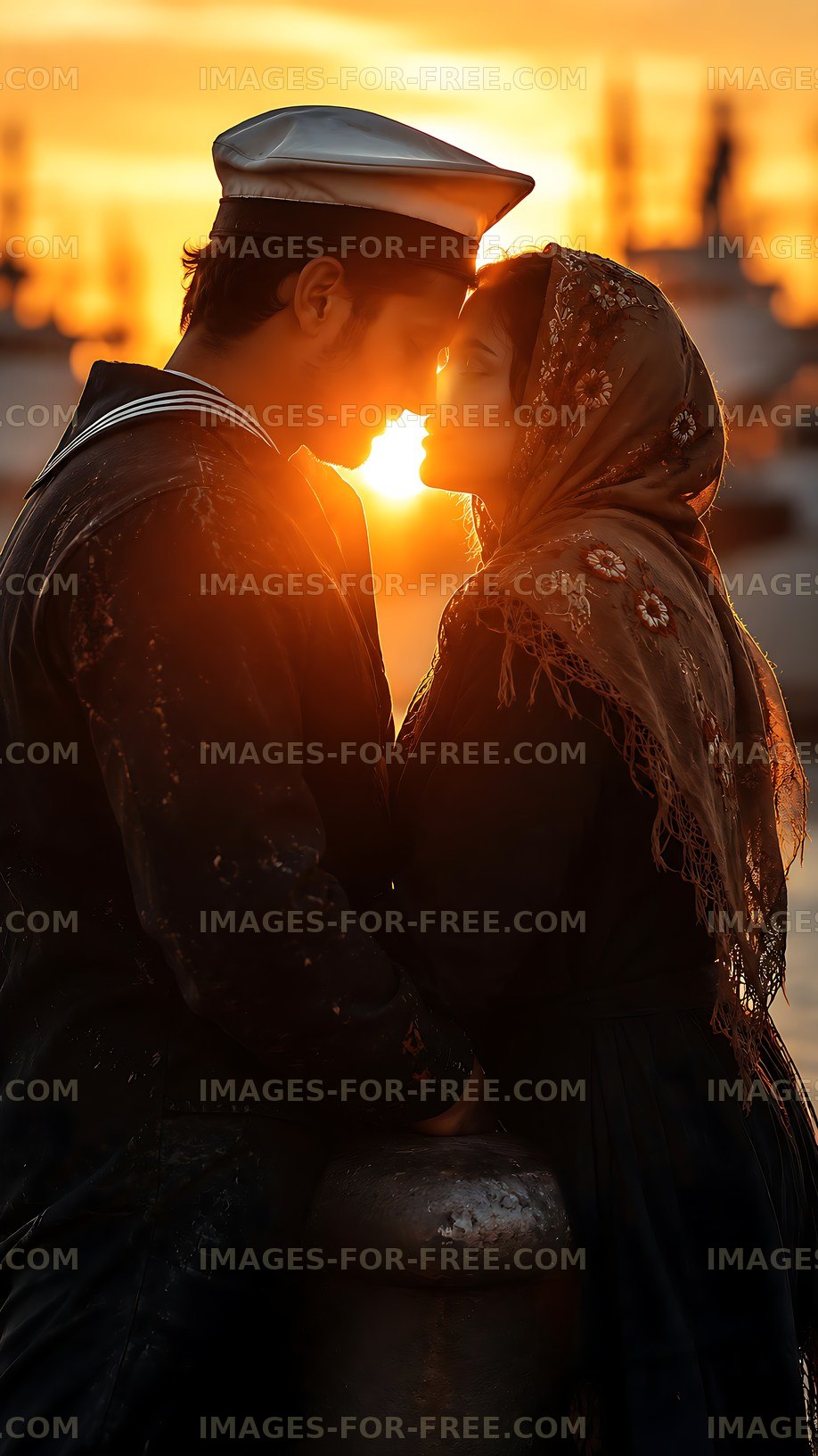 Couple sharing a kiss at sunset near the harbor