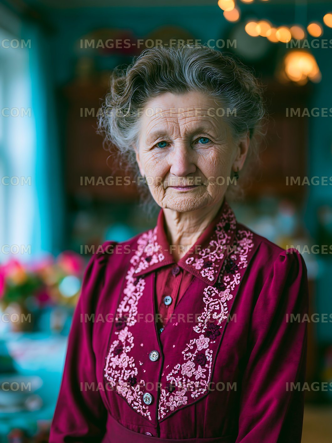 Elderly woman in traditional dress standing in cozy interior