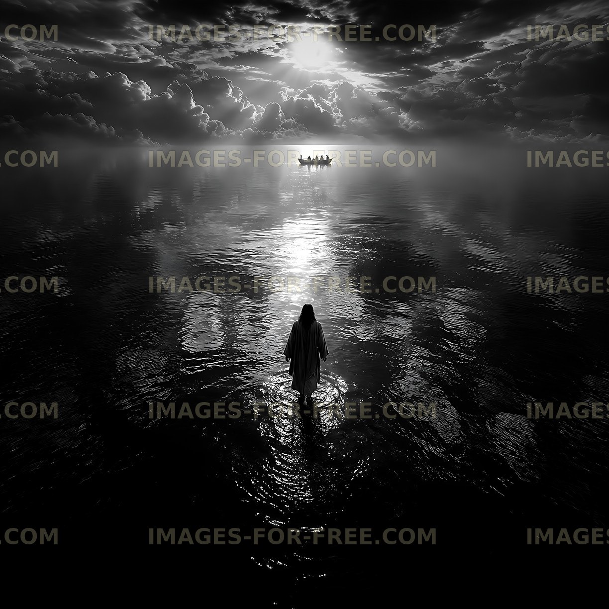 Figure walking in water with boat on horizon at sunset