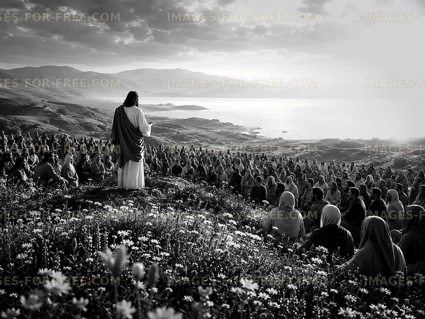 Crowd listening to a speaker on a hillside near the sea