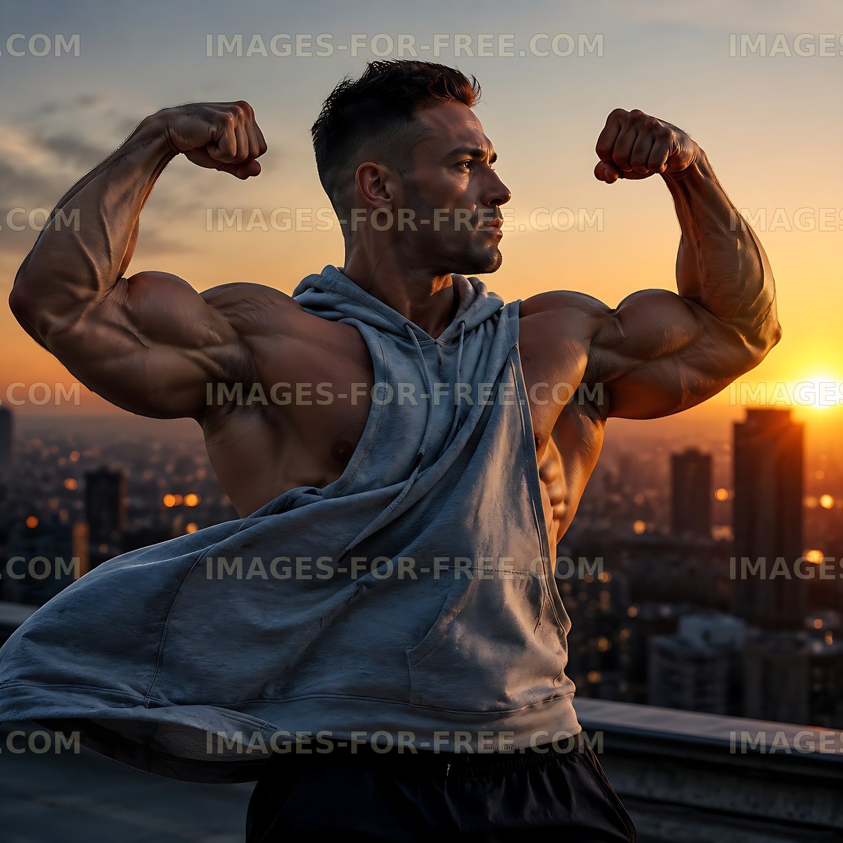 Man flexes muscles at sunset in urban setting