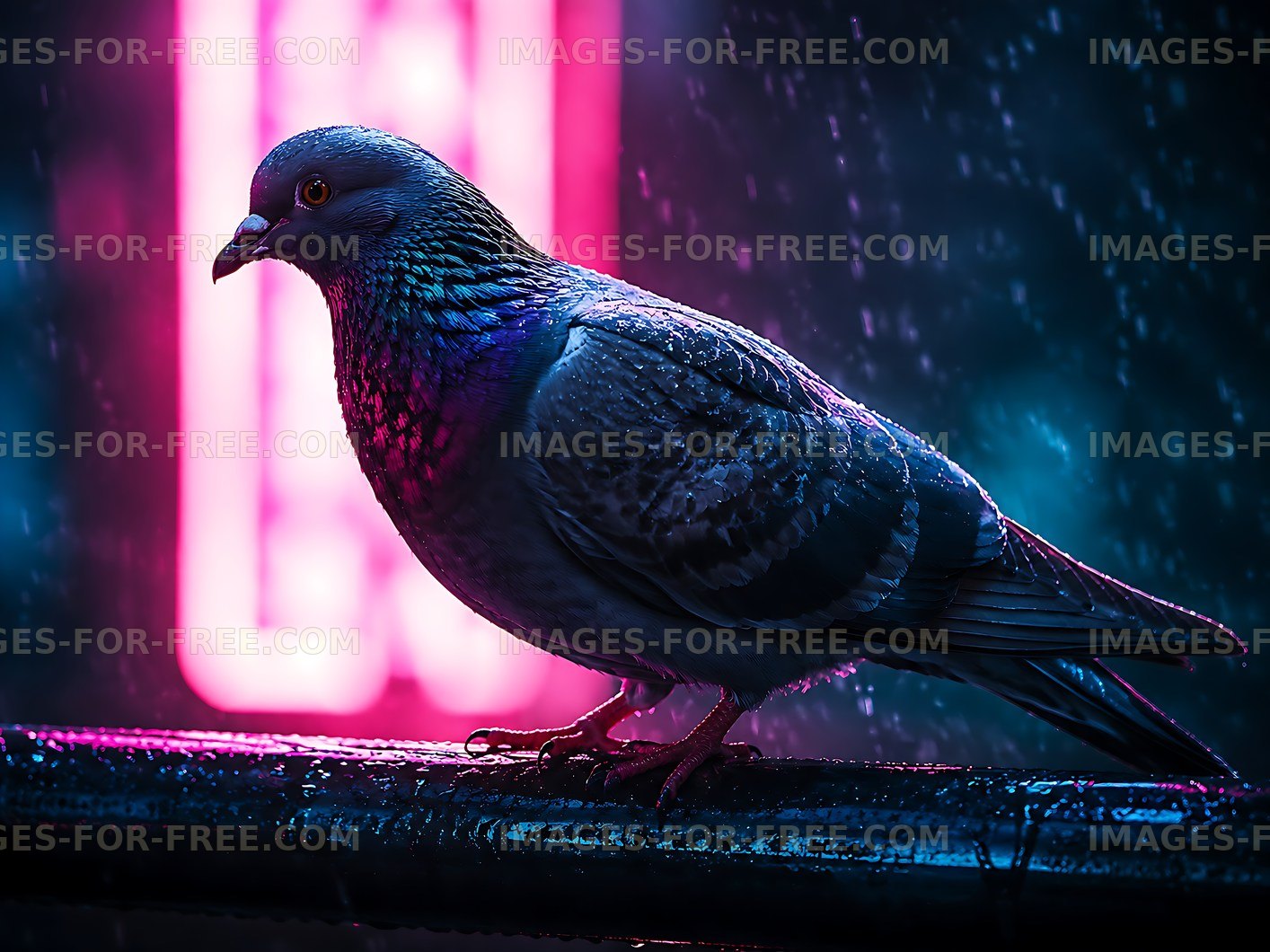 Pigeon perched on railing in rainy neon-lit urban scene