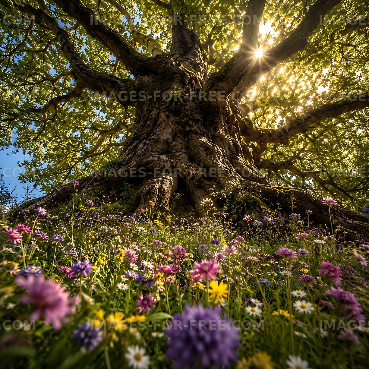 Large tree with sunlight filtering through leaves over flowers