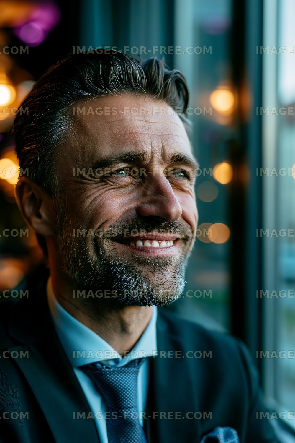 Smiling man in a suit sitting by the window in a cafe
