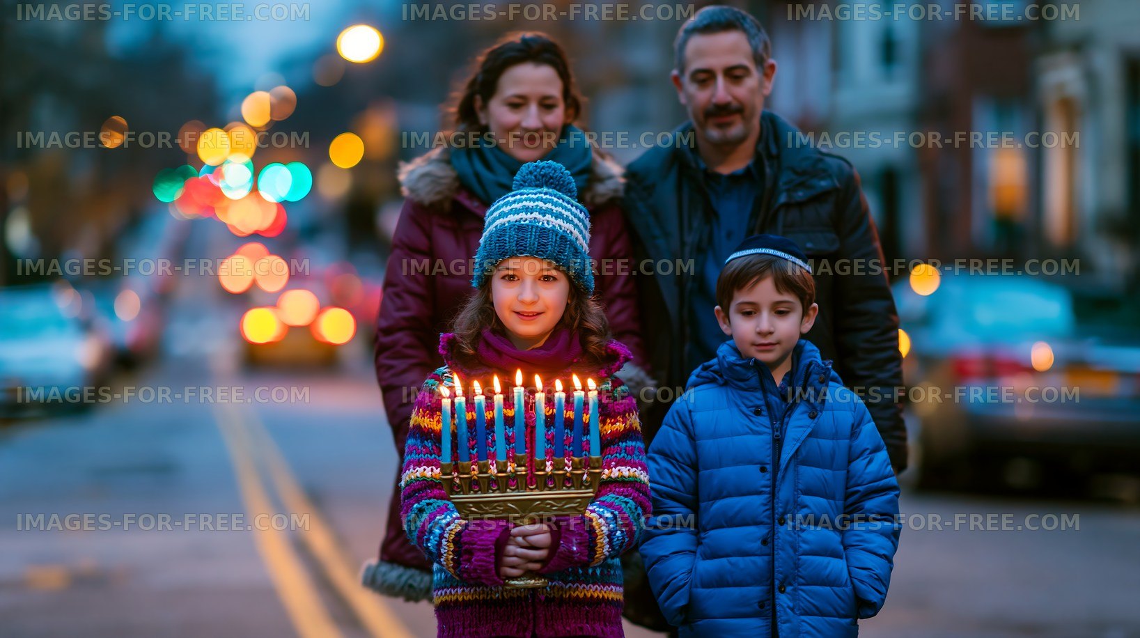 Family celebrating Hanukkah with menorah on a city street