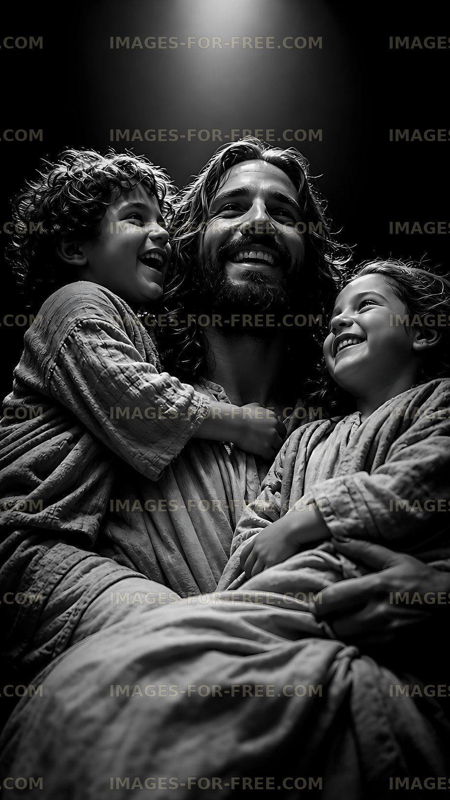Man with children smiling in dark background
