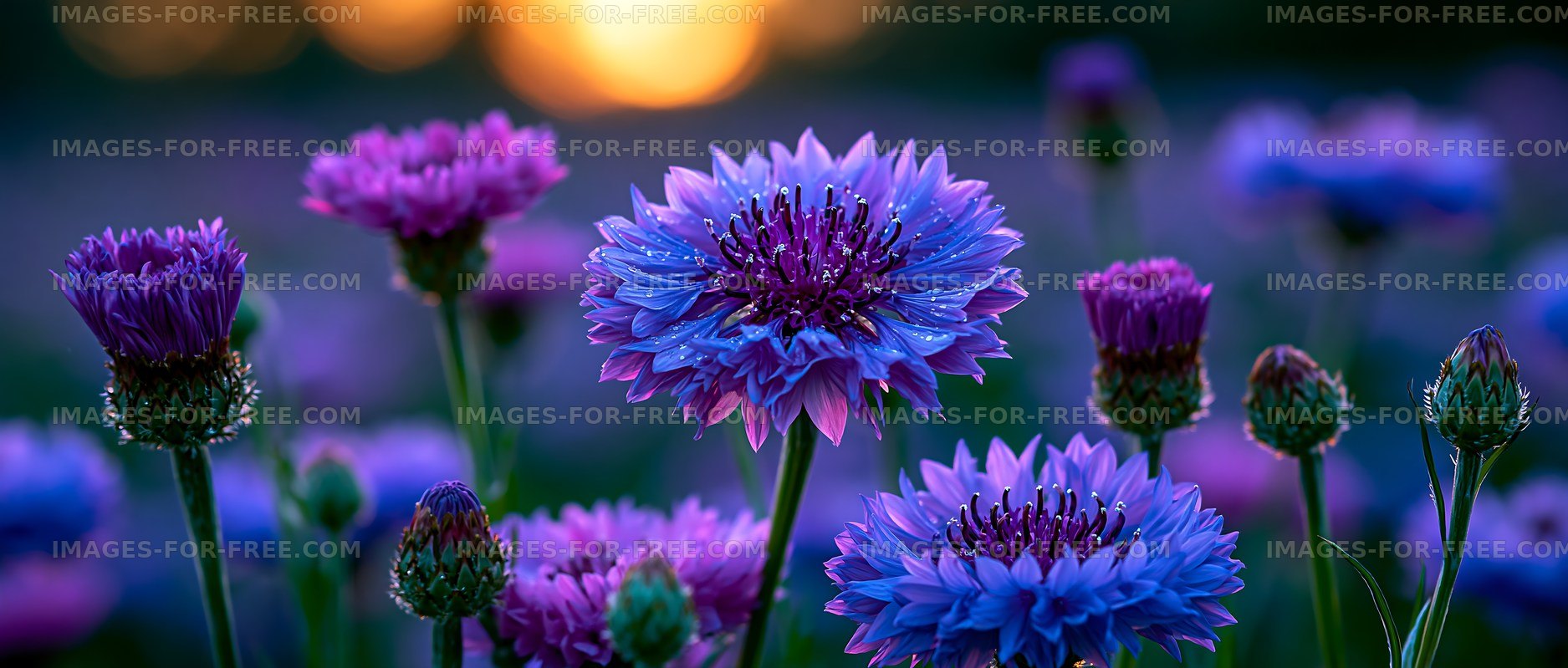 Vibrant flowers bloom in a field during sunset