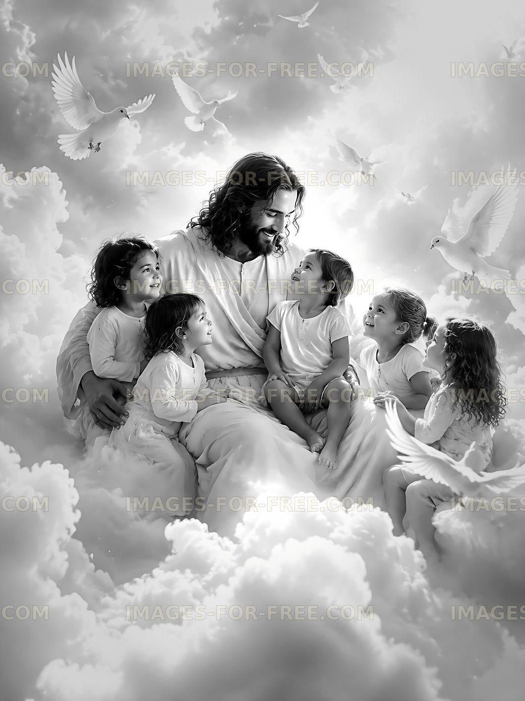 Jesus with children in a cloud-filled scene